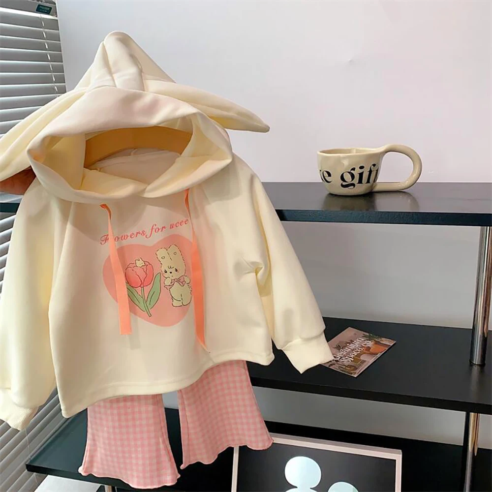 

Children Clothes Sets Cartoon Print Baby Girls Hooded Sweatshirt Tops+Plaid Flare Pants 2Pcs Spring Fall Kids Hoodies Suits 1-6Y