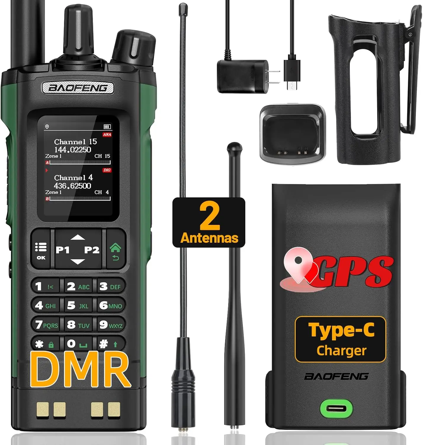 

Long Range DMR Handheld Radio with GPS, NOAA Weather, USB-C Charging, 2500mAh Battery and Holster