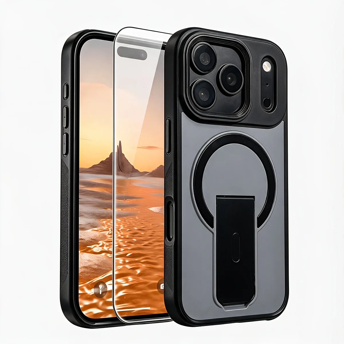 Set da 2 pezzi: custodia magnetica per telefono con supporto pieghevole + protezione per lo schermo in vetro temperato HD per iPhone 18 Pro Max, 18 Pro, 17, 16, 15, 14, 13, 12 Pro, Pro Max, Plus, AIR.