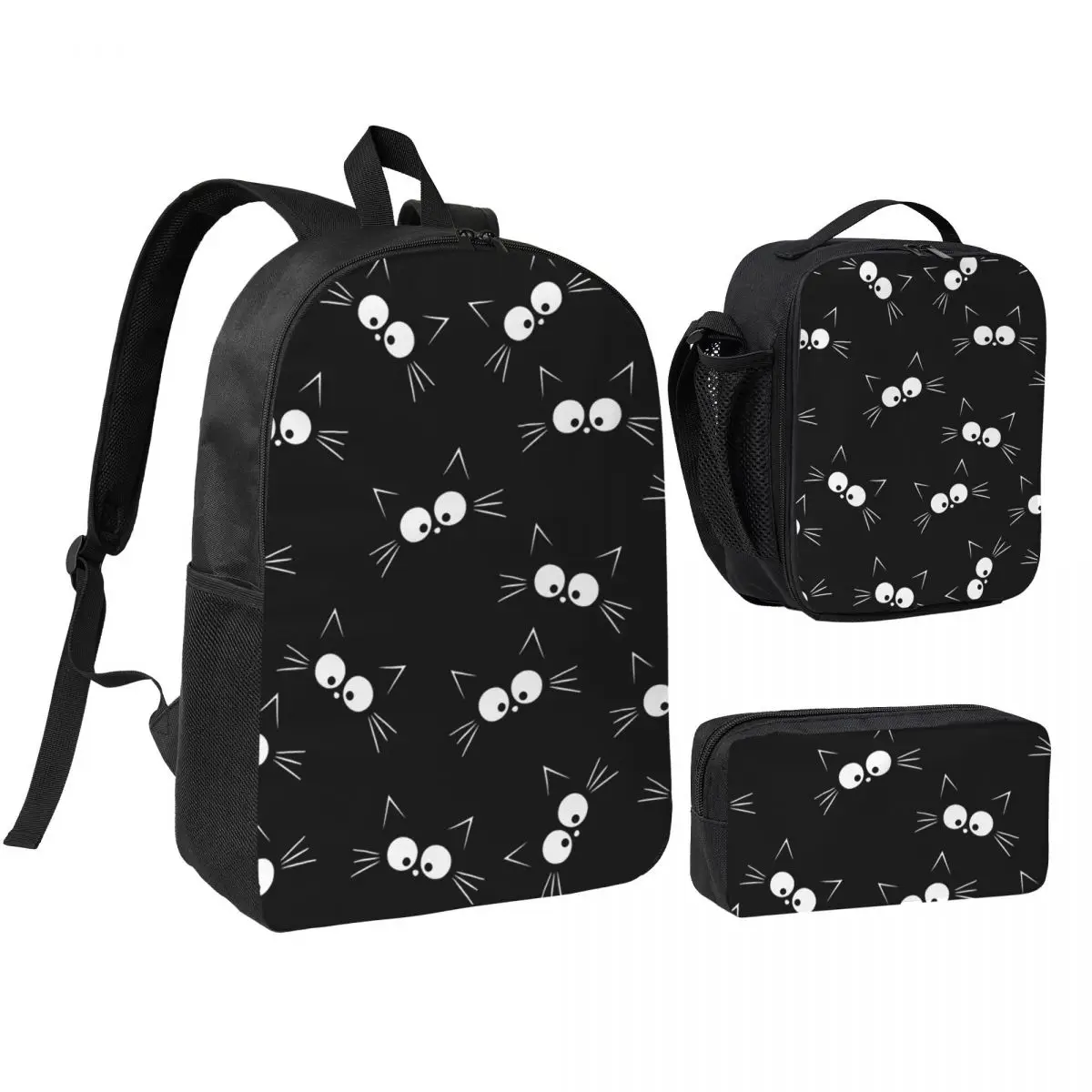 

Cute Black Cat Pattern Backpack Student Boys Girls BookBag School Bag Laptop Shoulder Bags 3ps Insulated Lunch Bag Pencil Case
