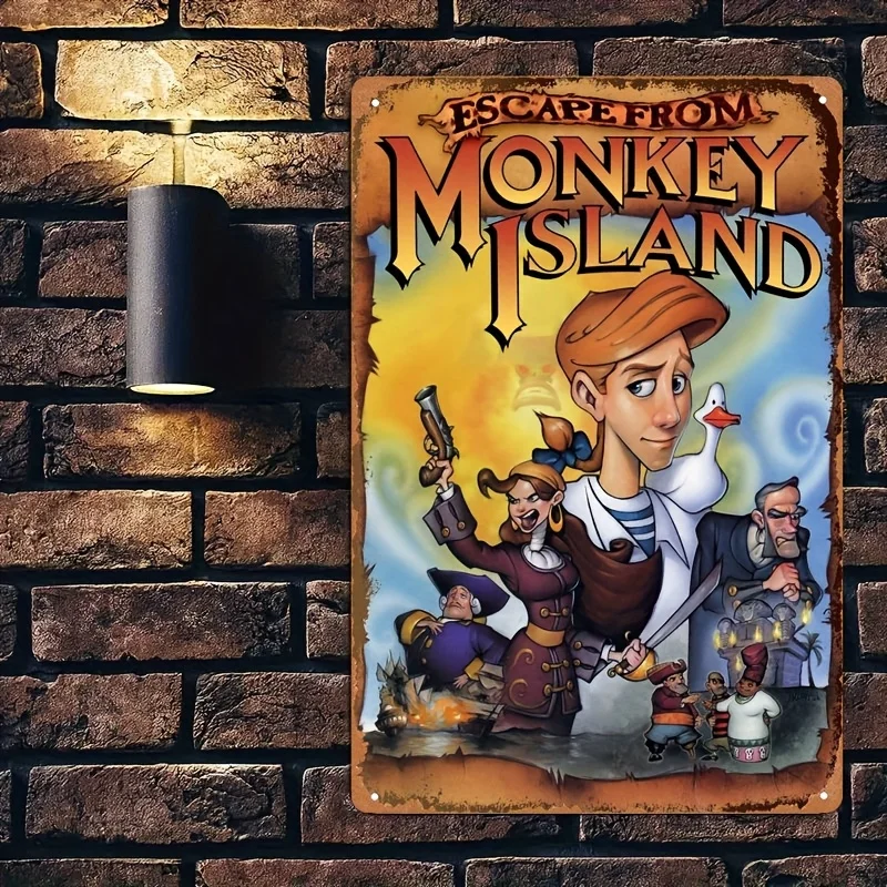 Retro Metal Tinplate Wall Art - Escape from Monkey Island Animated Scene Vintage Iron Sign, Classic Wall-Mounted Decor for Home