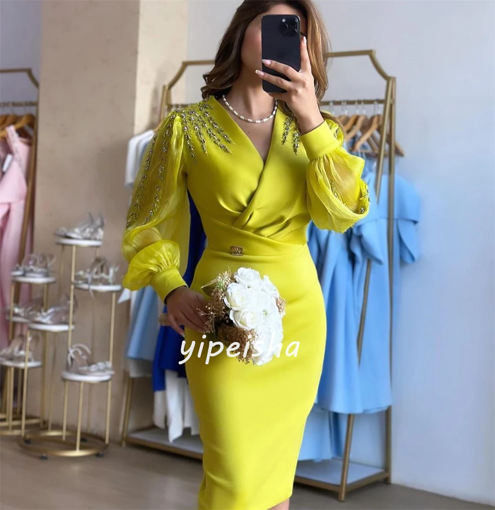 Customized Simple Jersey Sequined Beading Ruched A-line V-neck Midi Dresses Homecoming Dresses Retro Fashion Elegant Exquisite H