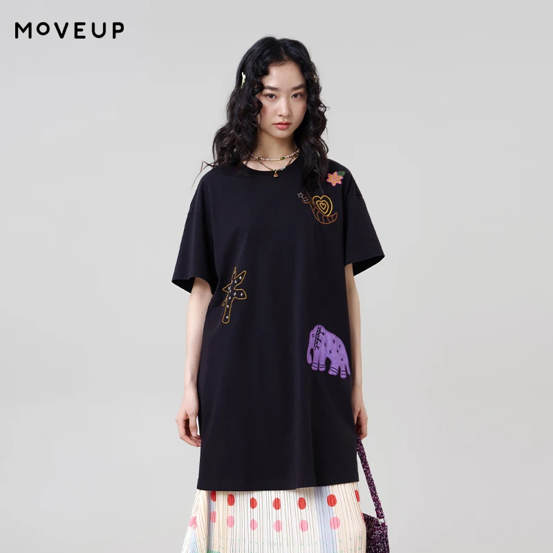 

MOVEUP Short Sleeved Round Neck T-Shirt 2026 Summer New Fun Animal Embroidery Loose Drop Sleeves Casual Women's Top 3ELX10538