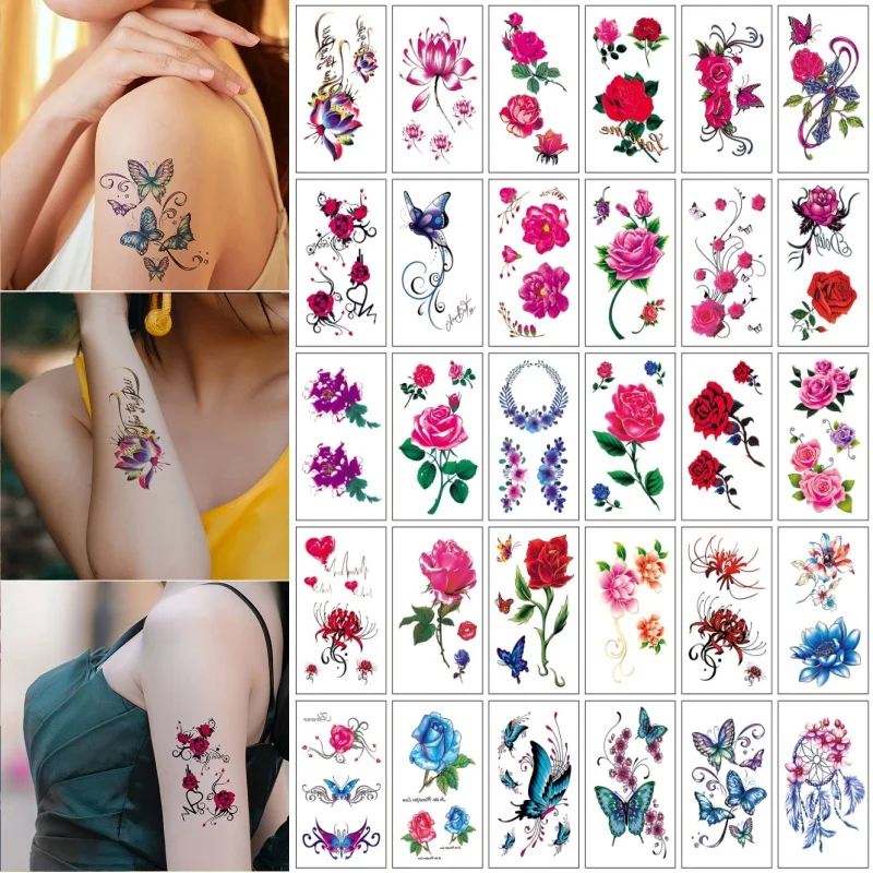 30 teile/satz Kleine Gefälschte Rose Tattoo für Frauen Mädchen Blau Rote Blume Schmetterling Wasserdicht Temporäre Tatoo Hände Handgelenk Hals Schlüsselbein