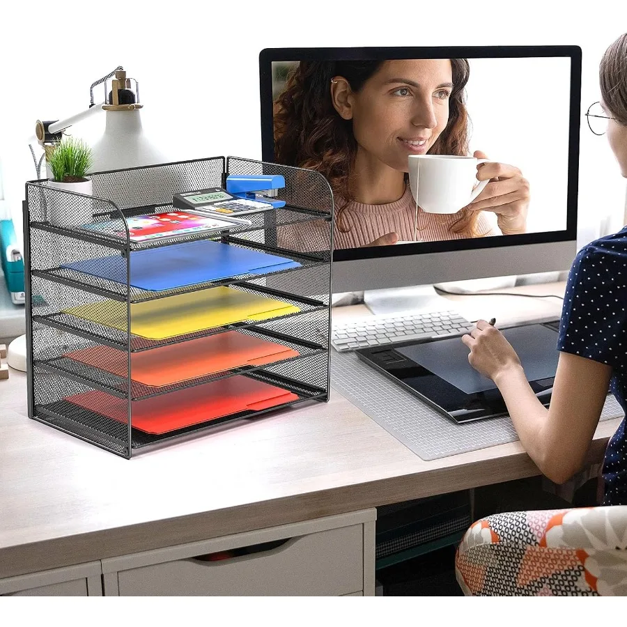 A4/قانوني/حرف حجم 5 طبقات شبكة إلكتروني صينية منظم الملفات 15.2x9.5x13.4 بوصة للاستخدام المكتبي تصميم موفر للمساحة مع مرحبا