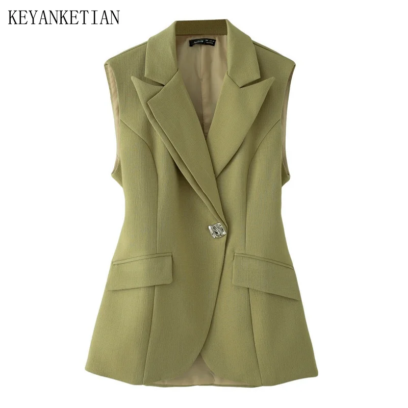 

KEYANKETIAN Summer New Women's Open Waisted One Button Flap Pocket Irregular Suit Vest Women Sleeveless Jacket