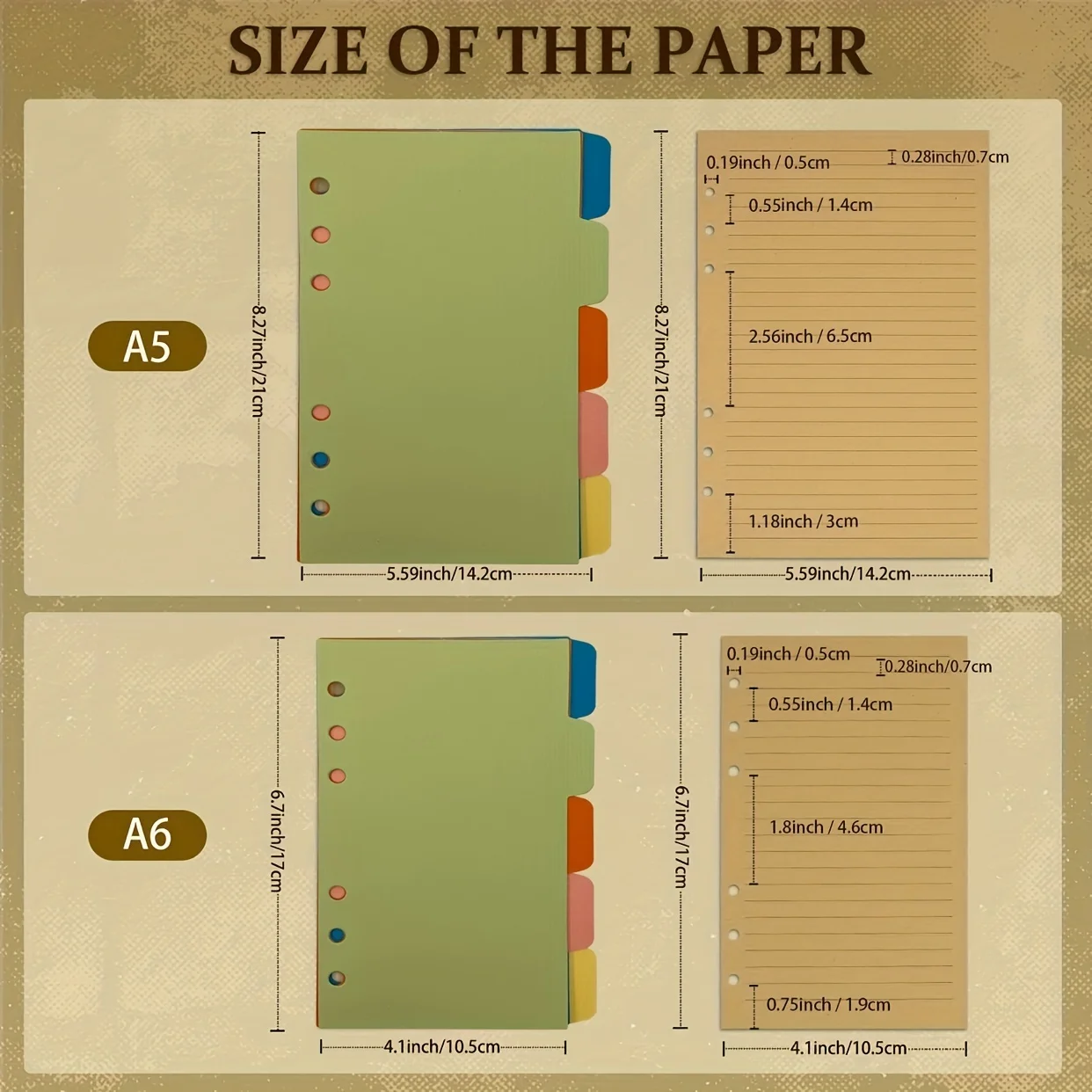 160 Pages Of A5/A6 Supplementary Paper Binder Lined For Planner's Diary Insert 6-ring Light Brown Paper With 1 Binder Divider