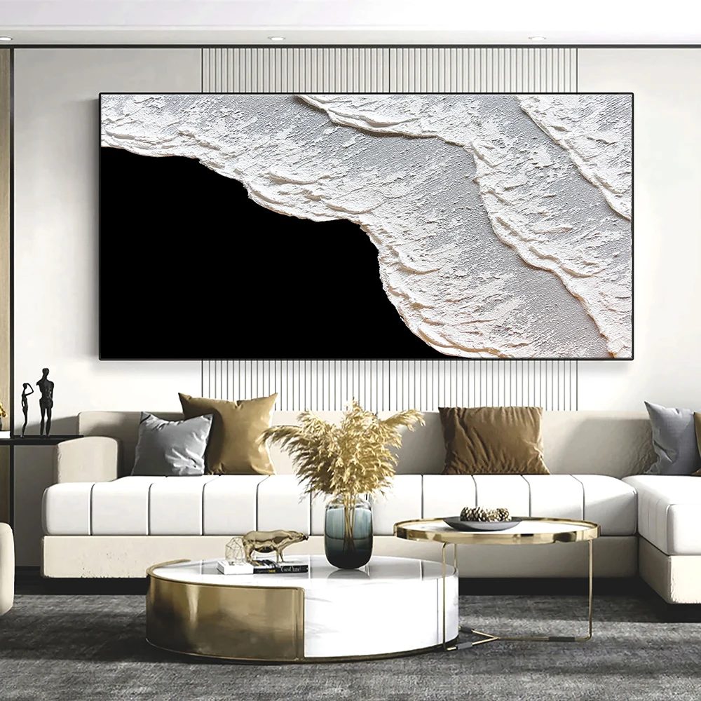 Hand Painted Oil Painting Original Black and White Ocean Wave Art White Wall Art Black Abstract Painting Living Room Decoration