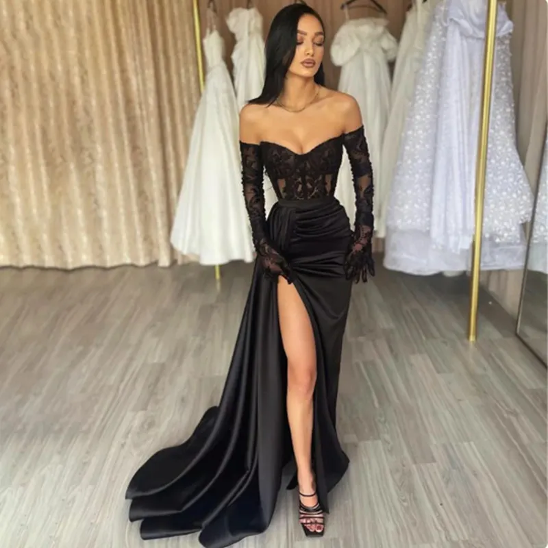 Aleeshuo Elegant Black Mermaid Evening Dress Strapless Sleeveless Side Split Lace Party Dresses Sexy Side Split Prom Gown 2024