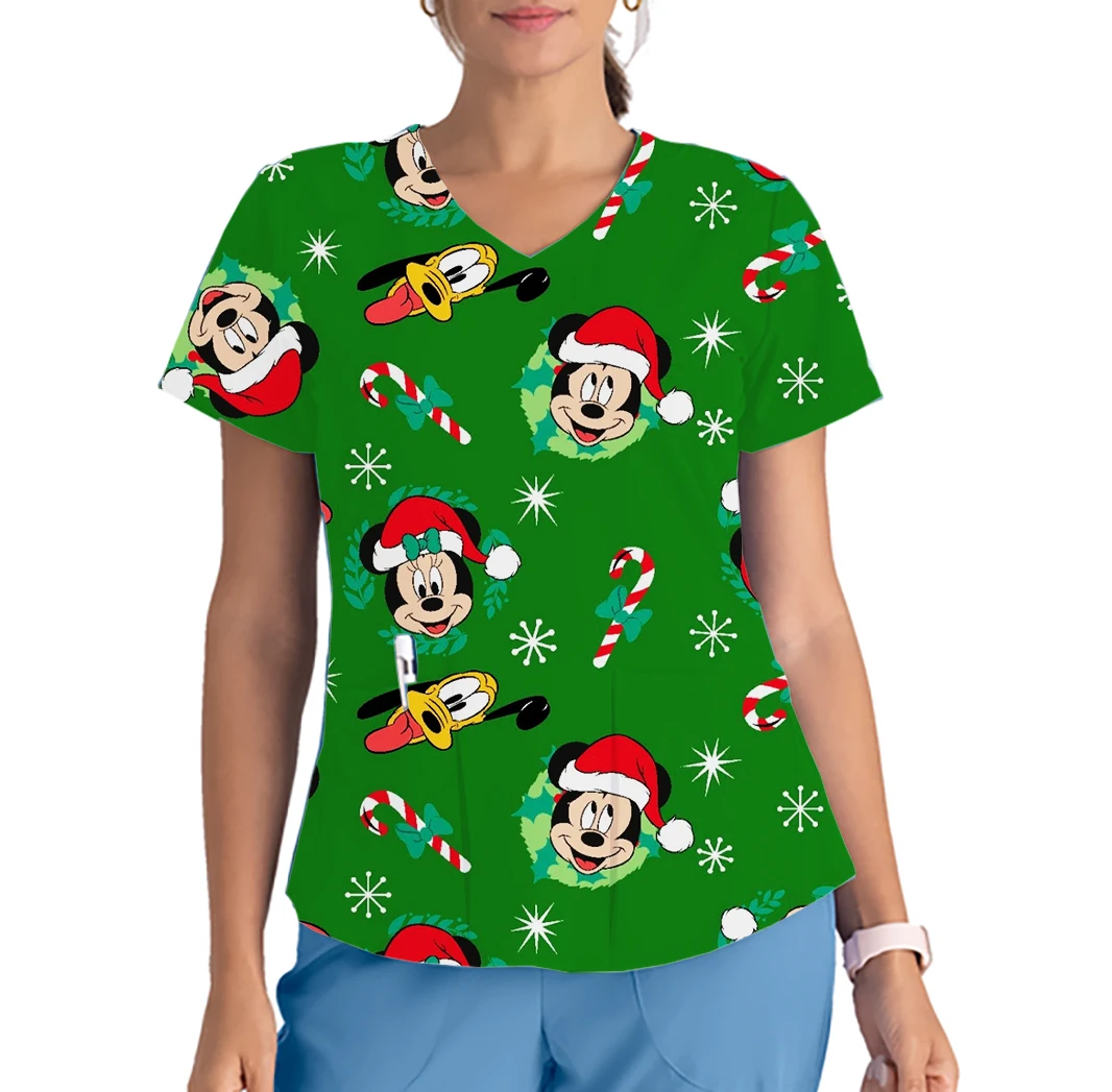 Kawaii Women's Nurse Uniform Christmas Tunic Scrub Top Shirt Mickey Print Clinic Nursing Staff Protective Nursing Uniform Shirt