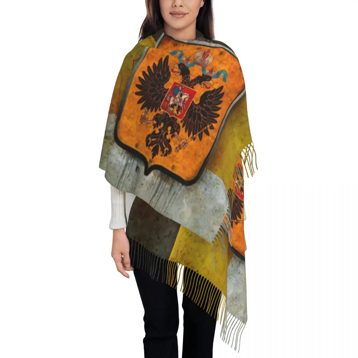 Vintage Grunge Russian Empire Tassel Scarf Women Soft Flag Of Russia Coat of Arms Shawls Wraps Ladies Winter Fall Scarves