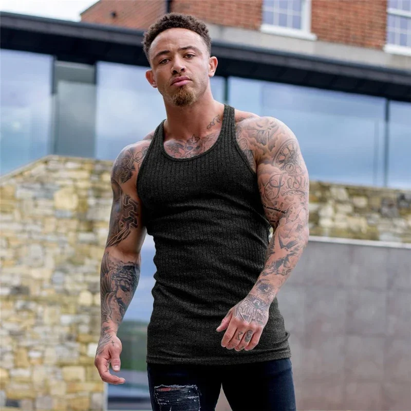 plain Slim Fit Knitted Quick Dry Tank Tops Mens Fitness Sleeveless Sport Strip Y-back Vests Gym Bodybuilding Breathable T-shirts