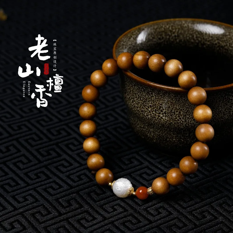 8mm Single Circle Old Indian Sandalwood Bracelet with Pearl & Carved Dragon Agate, New Chinese Style Unisex Prayer Beads Gift