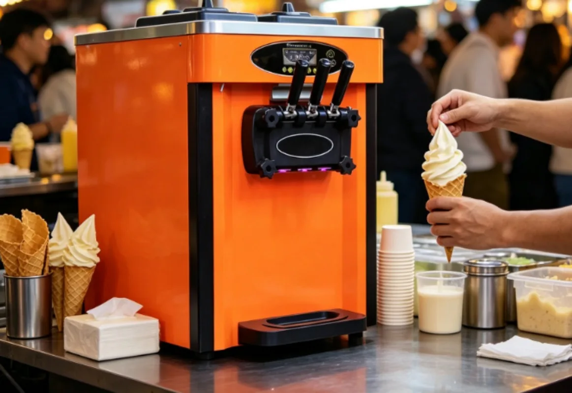 The very popular Maquina De Sorvete tabletop model with 3-flavored ice cream, easy to handle, and painted yellow