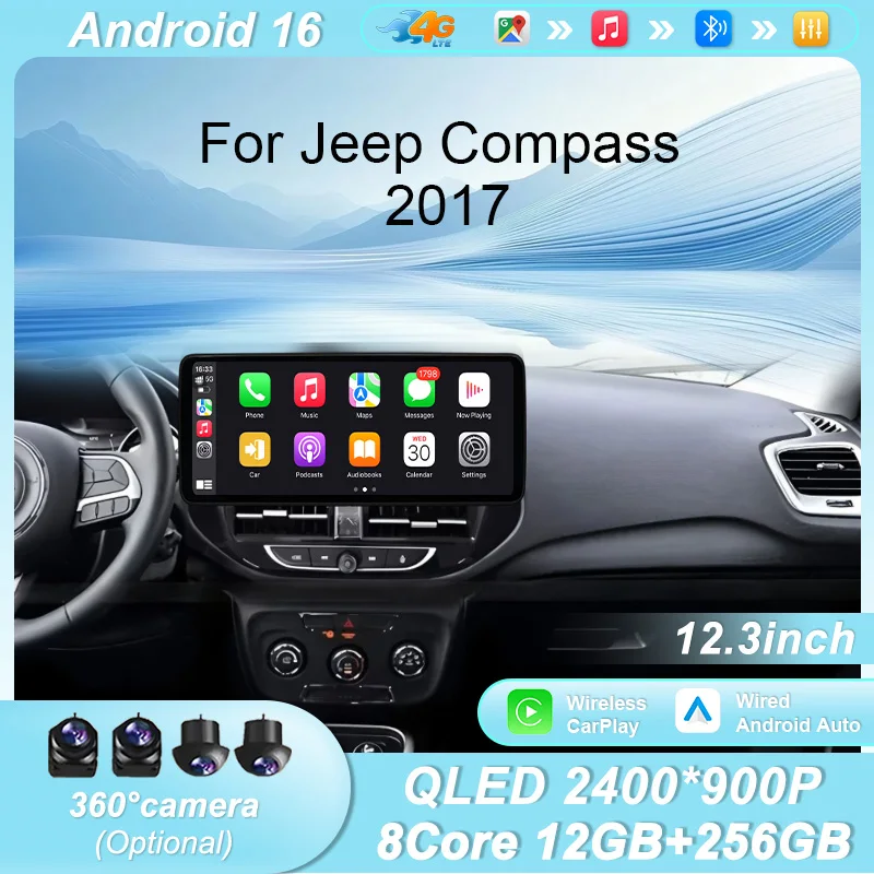 12,3-Zoll Android 16 Autoradio für Jeep Compass 2017 mit Bluetooth, WLAN, 4G, Split-Screen, DSP, FM, AM, RDS, Navigation und Multimedia-Haupteinheit