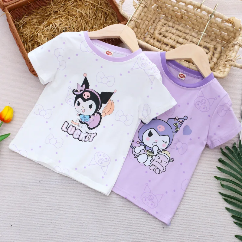 Camiseta de dibujos animados de algodón para niños y niñas, camisa de manga corta con cuello redondo, Anime Sanrios Cinnamoroll, ropa de verano