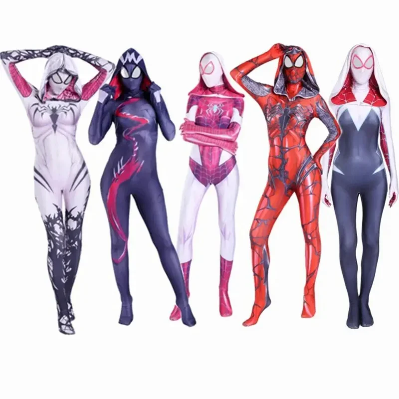 Spider Gwen Stacy Cosplay Costume Symbiote Venom Carnage Mask Hooded Zentai Suit Anti-Gwenom dla kobiet Dziewczyny Halloween Outfit