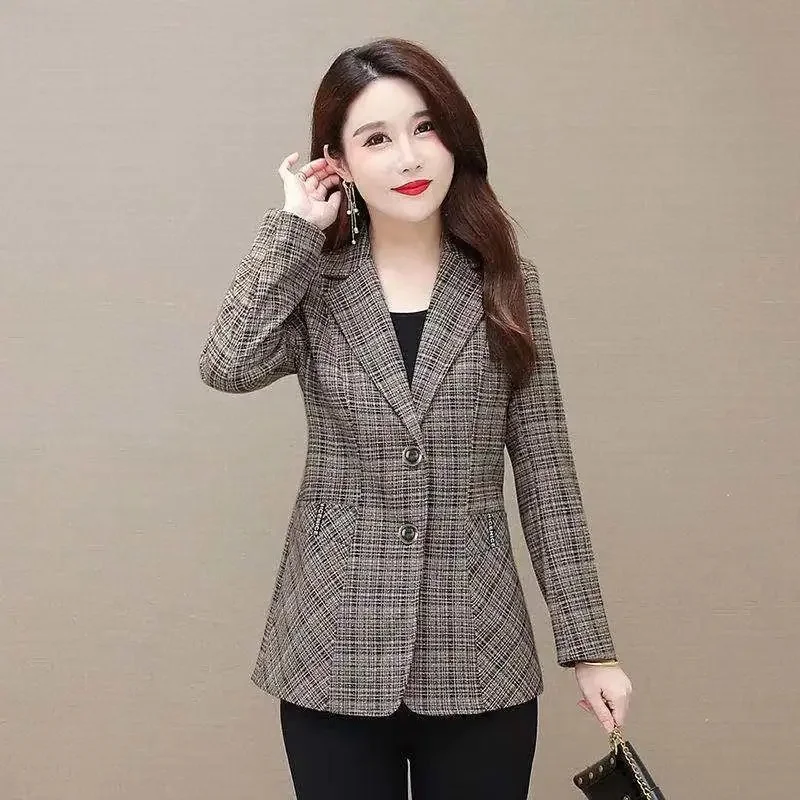 XL-5XL Spring Women's Jacket New Fashion Plaid Long Sleeve Blazer Women Clothes Elegant Ladies Business Office Suit Outerwear