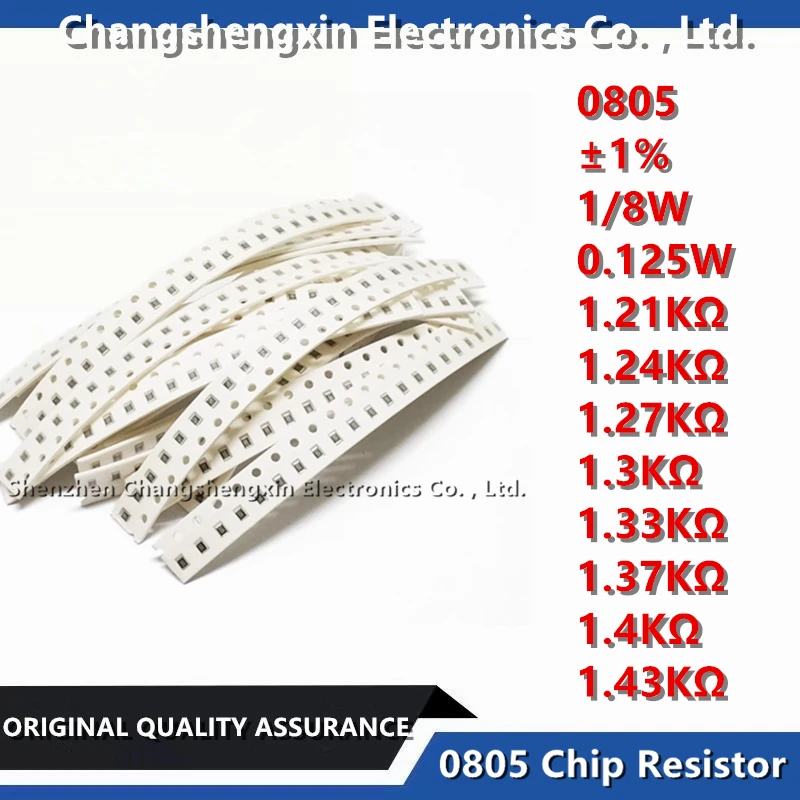 Resistor da microplaqueta de SMD, 0805 tolerância, ± 1, 8W, 0.125W, resistência, 1.21KΩ, 1.24KΩ, 1.27KΩ, 1.3KΩ, 1.33KΩ, 1.37KΩ, 1.4KΩ, 1.43KΩ ohms, 100 PCes