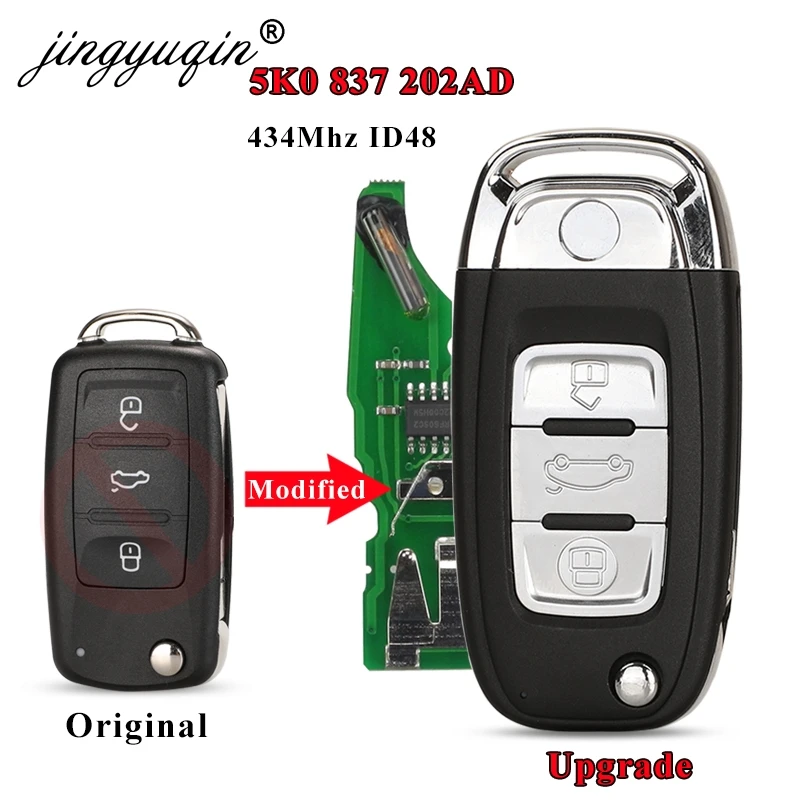 

jingyuqin Upgrade 3BTN Remote 434Mhz ID48 Chip Car Key For VW Tiguan Touran Caddy Beetle Jetta Eos Golf Polo Hella 5K0837202AD