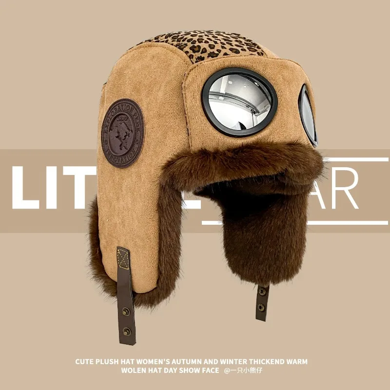 Retro Pilot Bomber Hats with Goggles Men Women Faux Fur Lined Ushanka Hat Leopard Splicing Windproof Winter Aviator Ski Cap