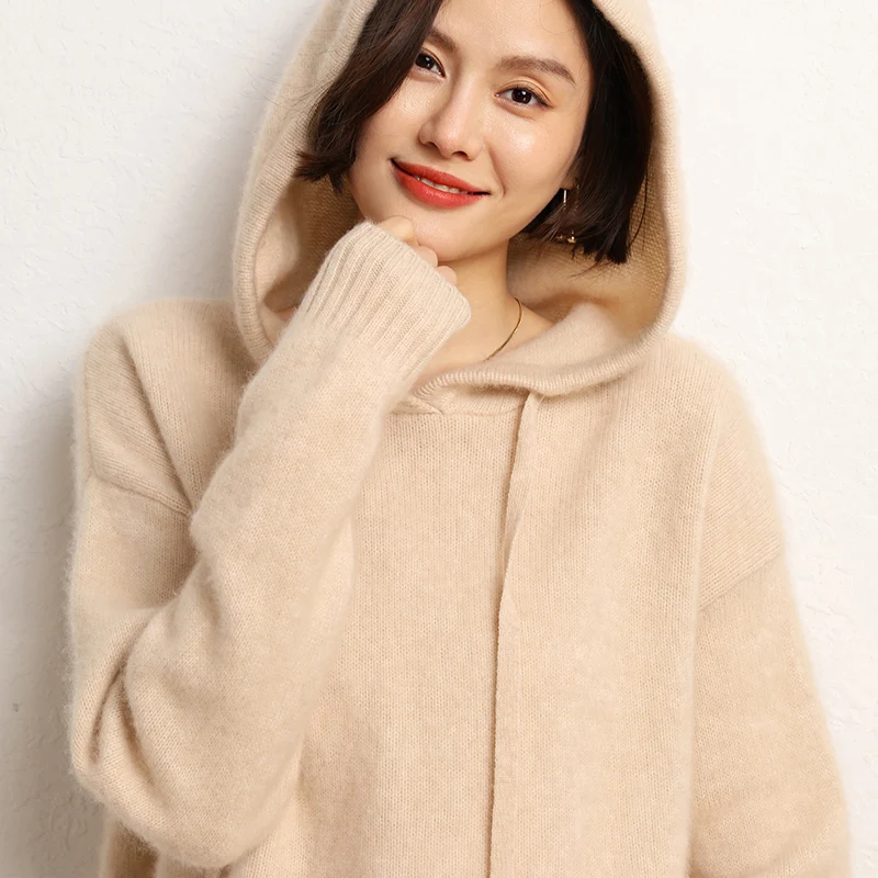 High-end 2022 Autumn/Winter Women\'s 100% Pure Cashmere Sweater Knitted Hooded Jumper Coat Lady\'s Thicken Pullovers Warm Tops