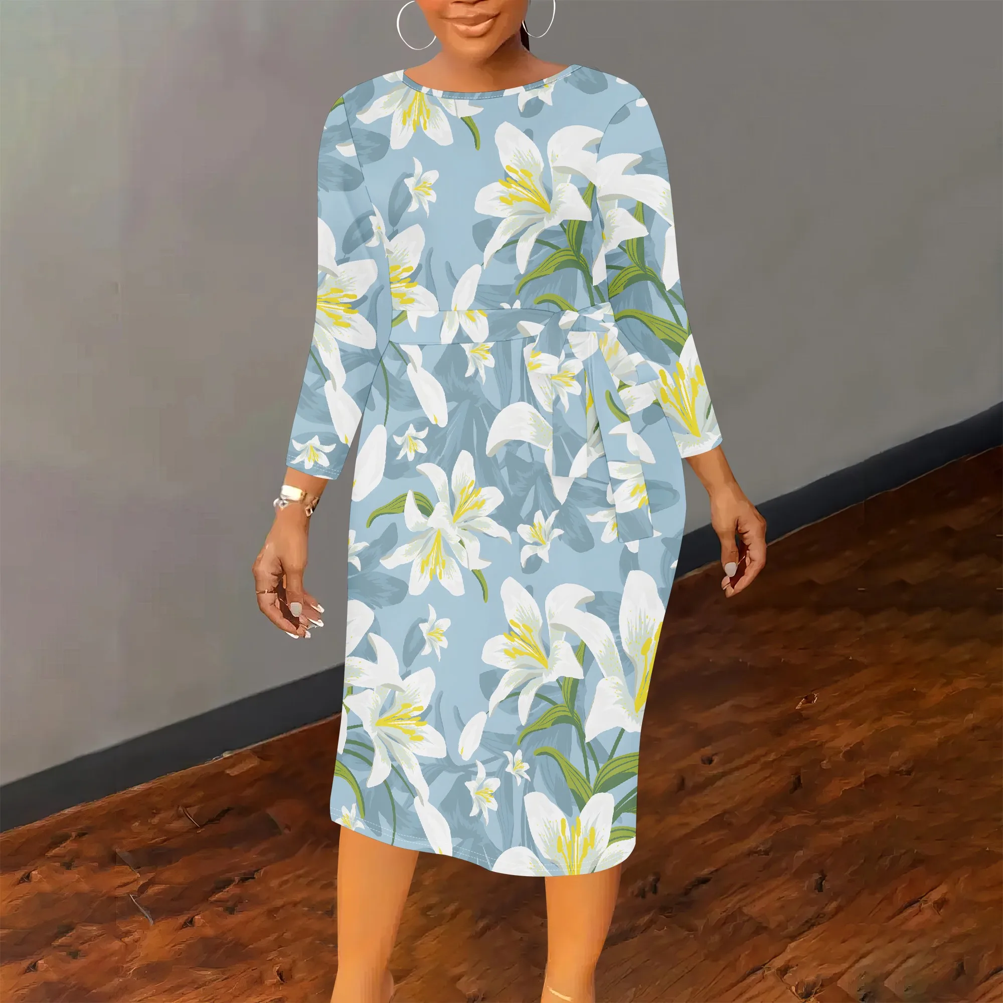 Vestido informal de talla grande con estampado de flores para mujer, vestido informal de manga larga con cuello redondo y cinturón, moda de otoño