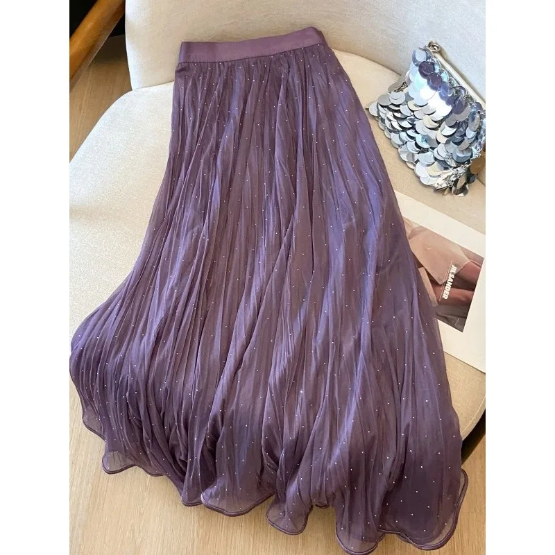 New Purple Sparkle Rhinestone Chiffon Pleated Midi Skirt High-waist Flowy Fairycore A-line Skirt For Women French Vacation Wear
