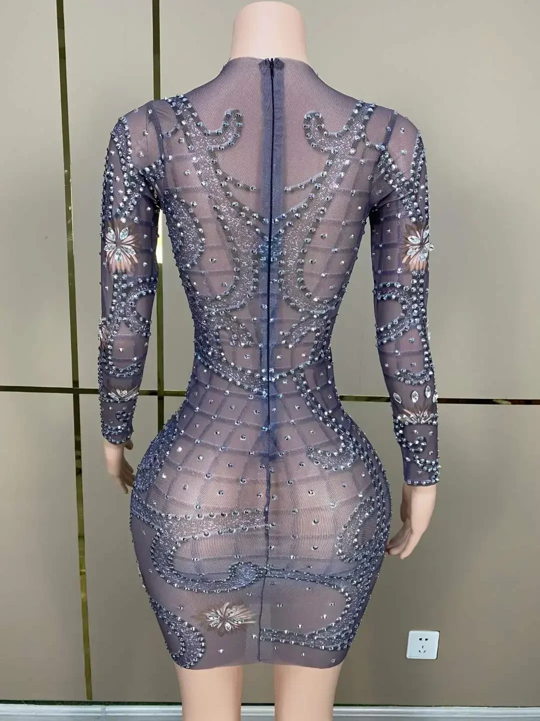 Mesh Sheer Short Dress For Women Long Sleeve Rhinestone Birthday Queen Outfit Night Club Celebrate Glitter Stage Wear 2024