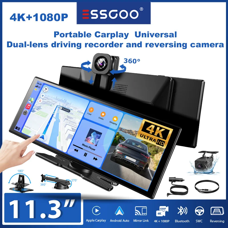 ESSGOO 11,3 Zoll 4K+1080P Universeller tragbarer Carplay Android Auto Dual-Objektiv-Fahrtrekorder und Rückfahrkamera mit Nachtsicht, kabellosem CarPlay, Auto-Multimedia-Player, WiFi, FM, Bluetooth