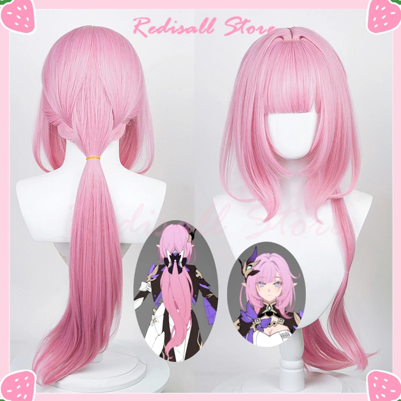 Peruca Elysia rosa longa para meninas, rabo de cavalo cosplay, franja reta rosa, headwear cênico do Dia das Bruxas, boné de peruca grátis, 80cm