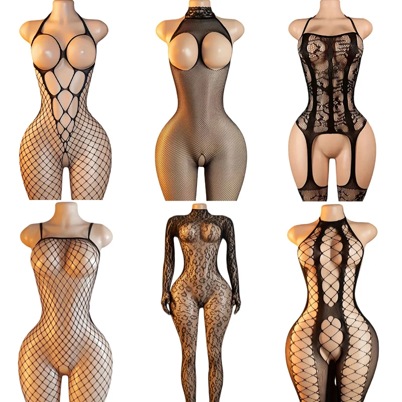 Sexy Big Loophole Open Bra BodySuits Erotic Crotchless Lingerie Women Fishnet Hollow Exposed Breast Adult Plus Size Underwear