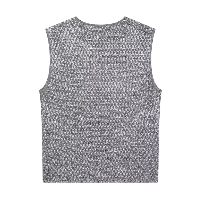 Willshela Women Fashion With Sequined Grey Knitted Pullover Vest Vintage O-Neck Sleeveless Female Chic Lady Tank Tops