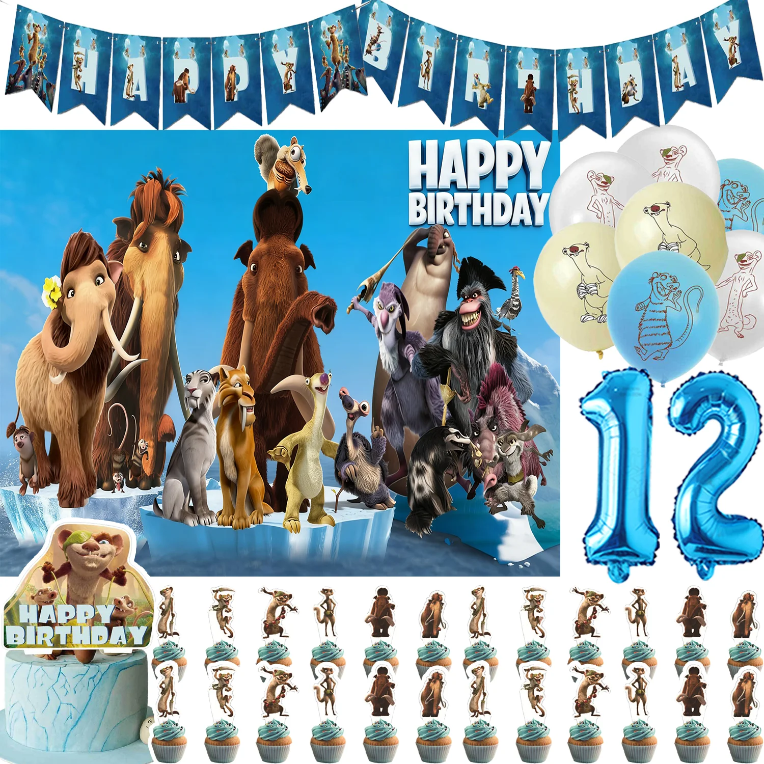 

Cartoon Ice Age Theme Birthday Party Supplies Balloon Movie Adventure Background Cupcake Topper Banner Baby Shower Kid Gift Prop