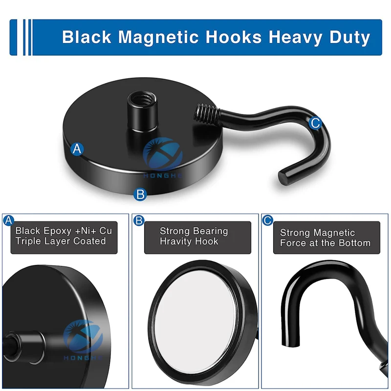 Black Magnetic Hooks Heavy Duty Super Strong Neodymium Magnet Hooks with Epoxy Coating for Home, Kitchen, Workplace, Office