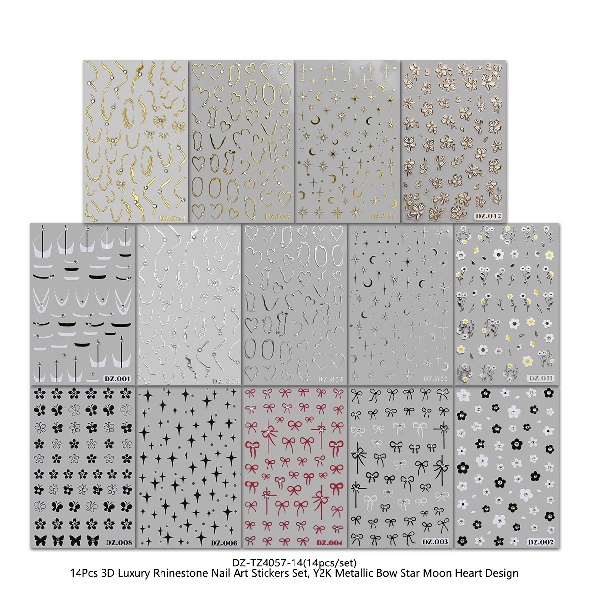 14 pack music festival 3D luxury hot stamping gold rhinestone nail stickers, bow, star, moon, heart, flower pattern