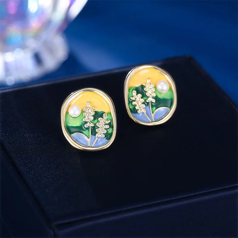 

Niche design impression oil painting s925 silver needle earrings palace style fresh water pearl wheat ear earrings