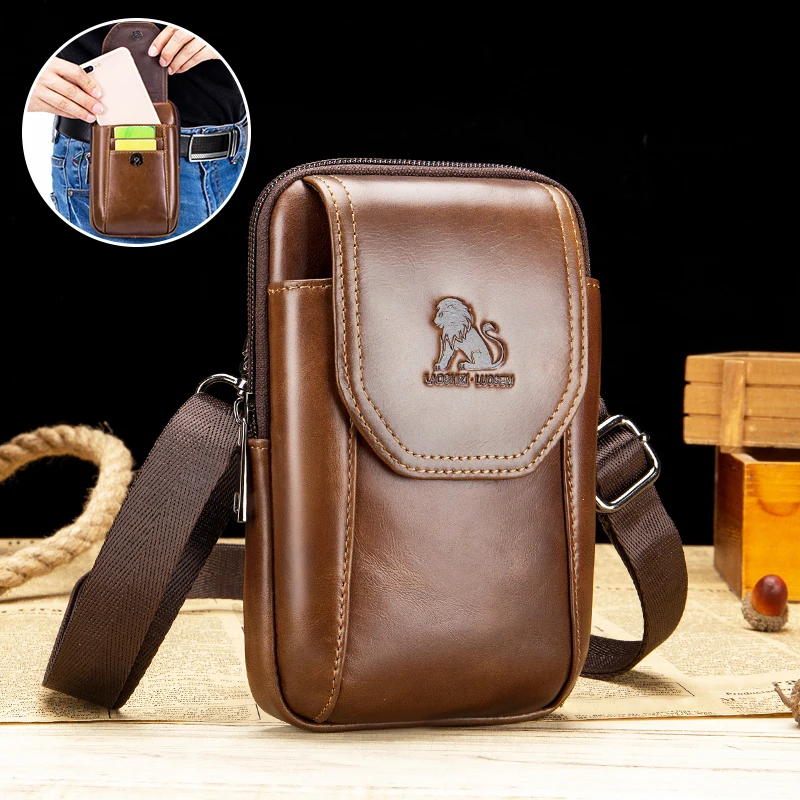 Genuine leather mobile phone bag, men's cowhide waist bag with hook and wear-resistant diagonal collapse, one shoulder small bag