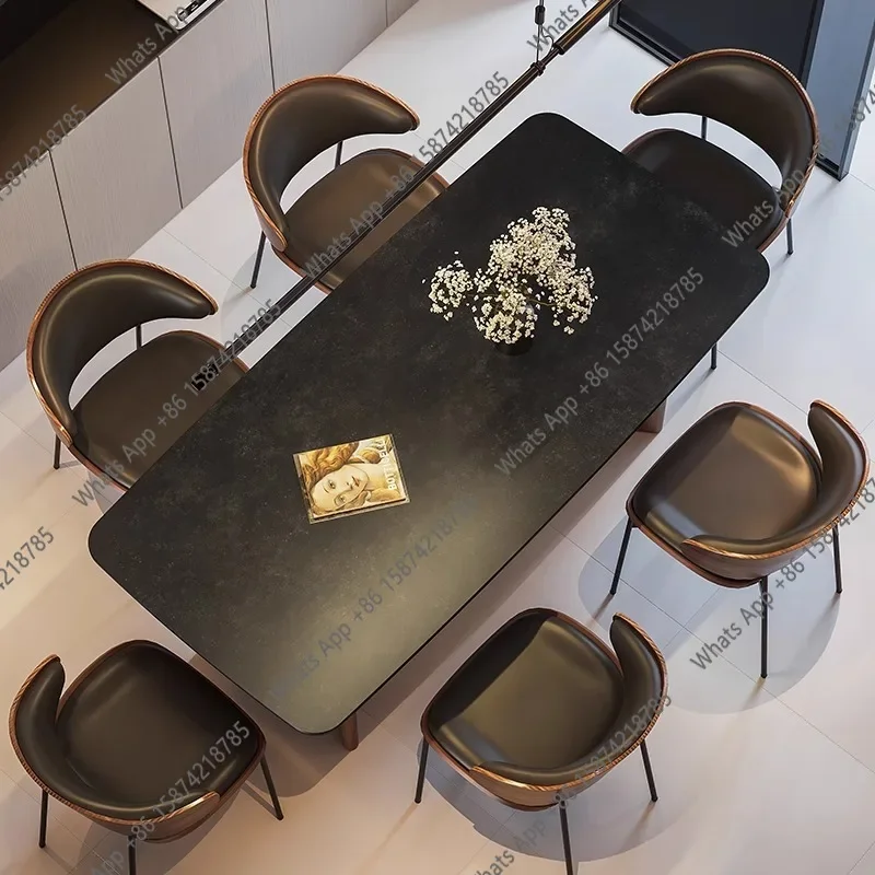 

Обеденный стол и стулья в ретро-стиле из массива черного ореха, прямоугольный, для небольшой квартиры, с каменной столешницей, в стиле Ваби-Саньи, размер M