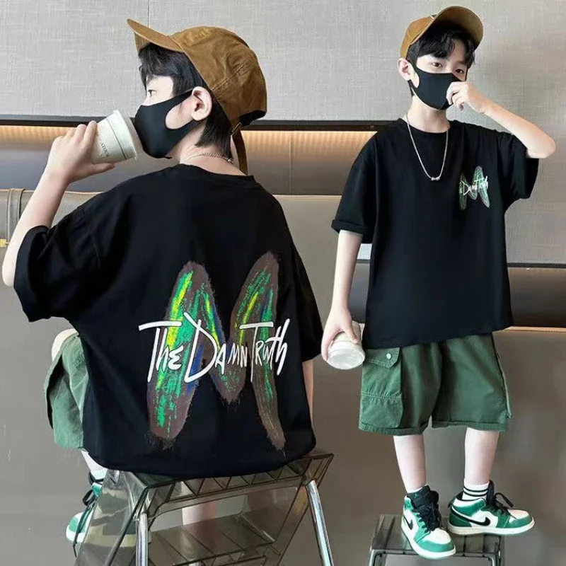 Summer Boy Clothes Set Teenage Letter Printed Casual T-shirts and Shorts 2pcs Suit Kid Short Sleeve Top Bottom Fashion Outfits