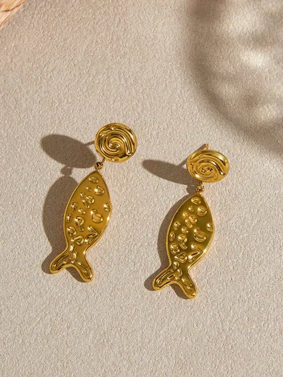 

Hammered Fish Drop Earrings Stainless Steel Gold Plated Beach Style Fashion Jewelry