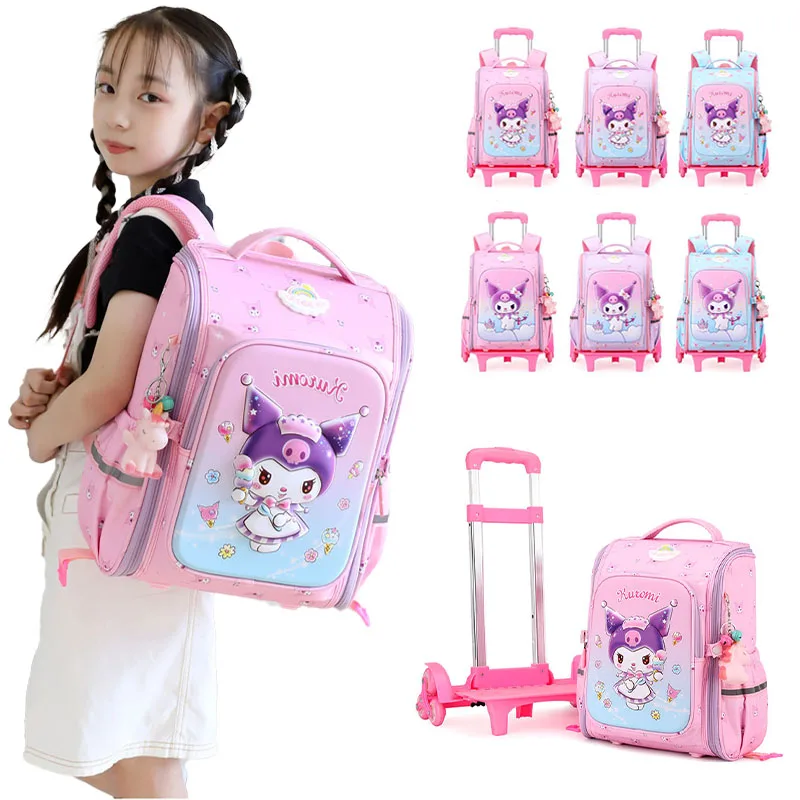 Аніме Kuromi Trolley School Bag Sanrios Girl School Backpack with Wheels Student Rolling Backpack Save Effort High Capacity Gift