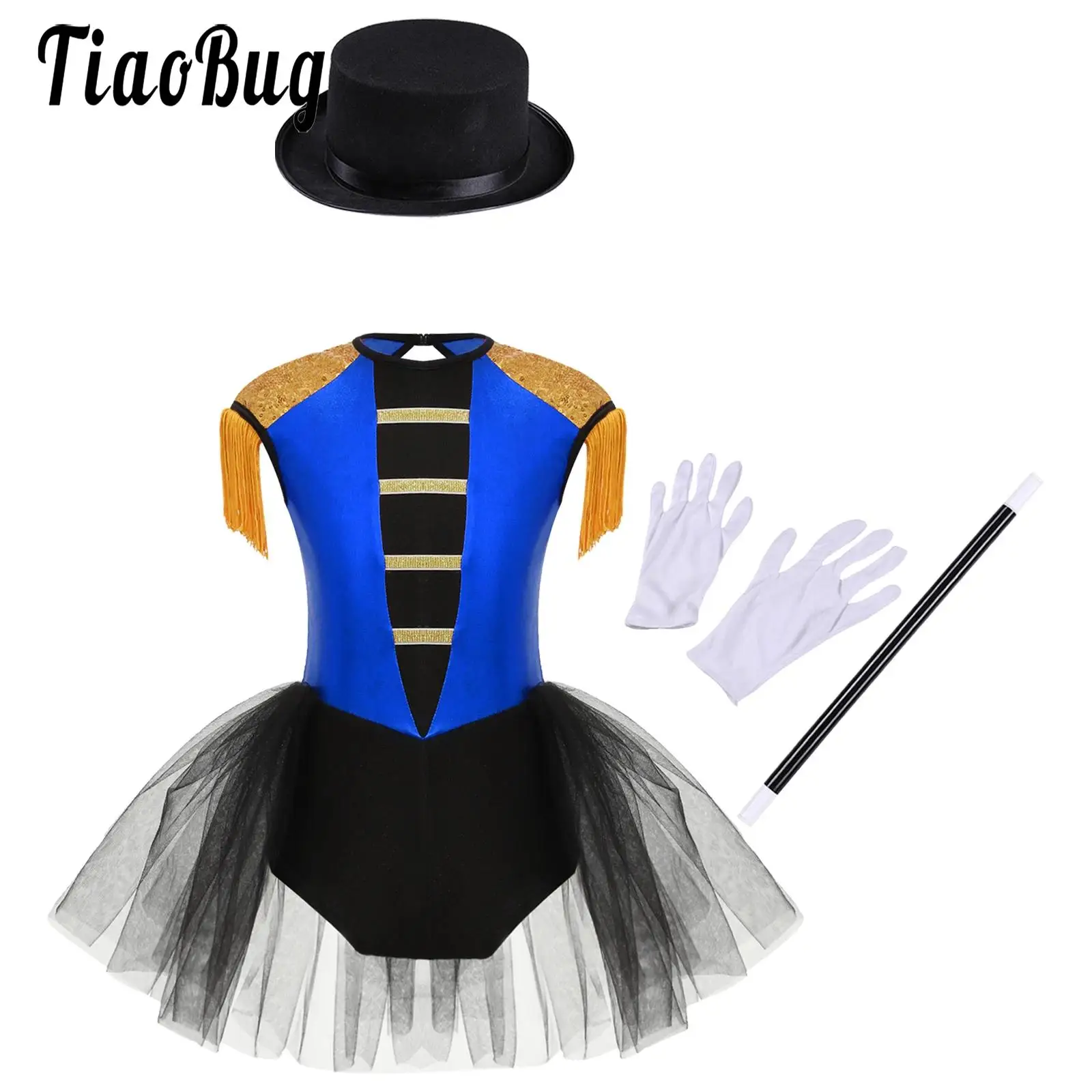 

Kids Girls Circus Dancer Costume Halloween Carnival Ringmaster Dress Up Short Sleeve Tulle Bodysuit Hats Magic Wands And Gloves