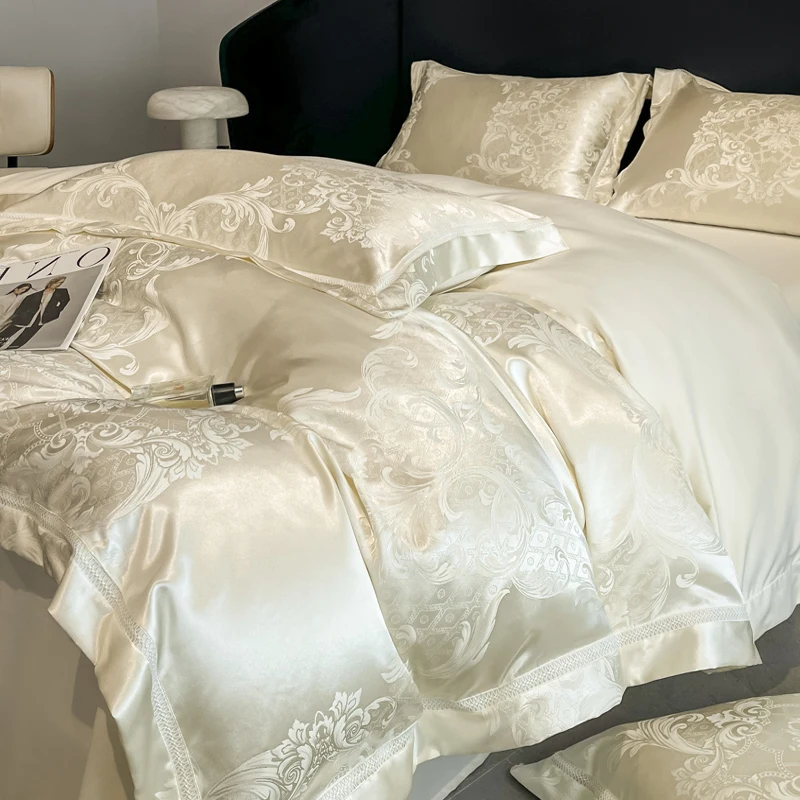 4Pcs Light Luxury Style 100% Cotton Premium Class A 120 Counts Tribute Satin Jacquard Super Soft Naked Bedding Quilt Cover Sheet