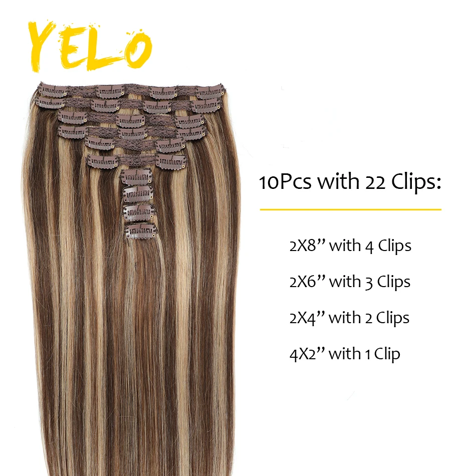 Extensiones de cabello humano brasileño liso con Clip para mujer, cabello Natural Real con doble trama, 10 piezas