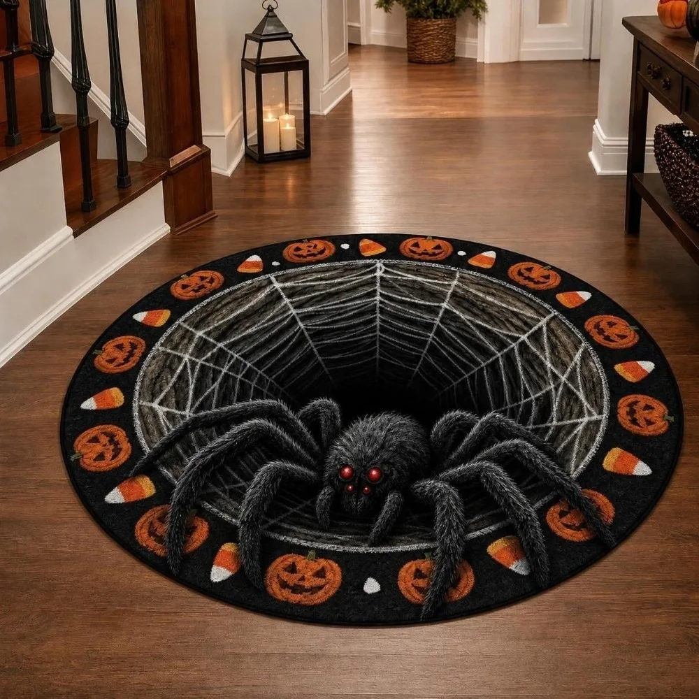 3D Visual Halloween Floor Mat Ghost Pattern Non Slip Backing Ghost Decorative Carpet Easy Clean Surface Soft Texture