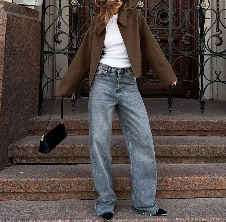 Women's Coat Autumn and Winter New Lapel Long Sleeved Zipper Woolen Coat Simple Commuting Style Casual and Elegant Coat