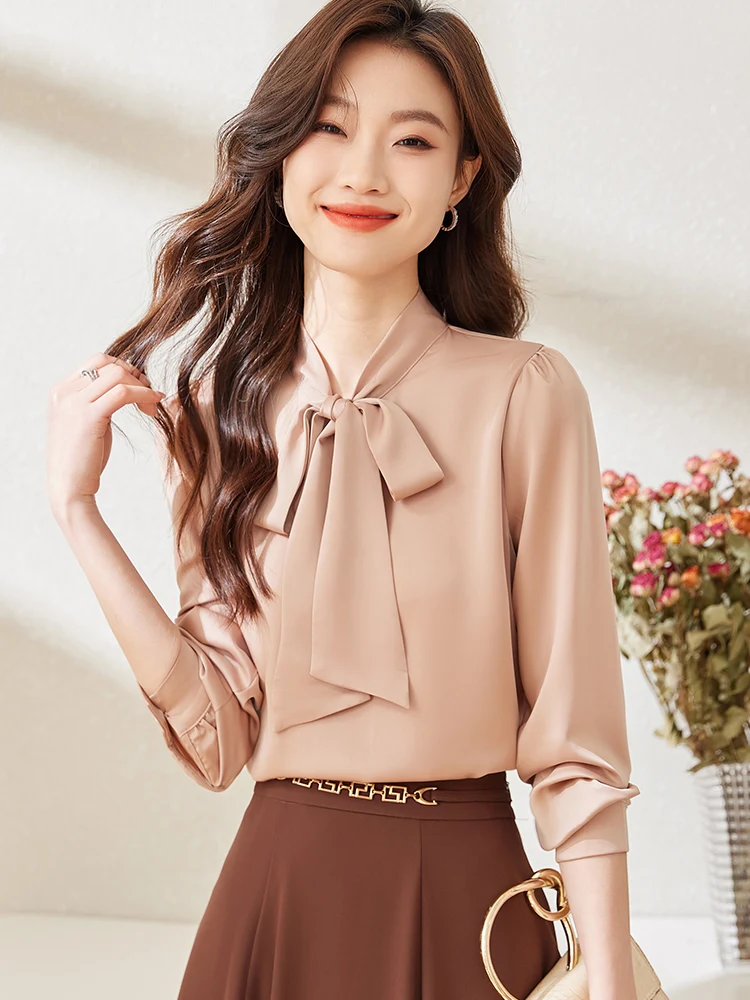 Feminino longo Sve Knot Sa início da primavera chiffon Top Design Faionable irt Set Slim Fit Button V Ne Regular...