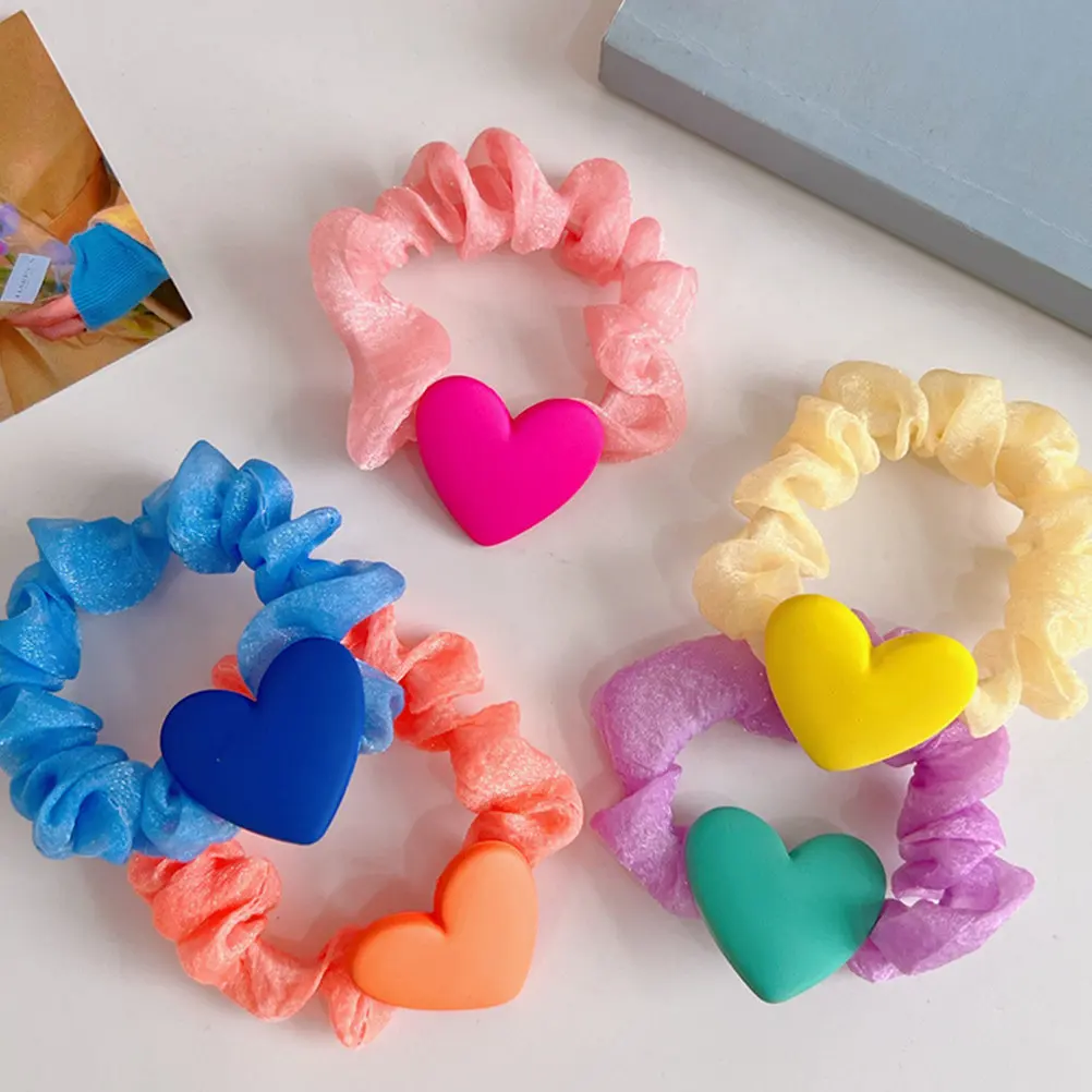 Heart Hair Scrunchies 5Pcs Lovely Bright Fabric Elastic Ponytail Holders for Girls Women Daily Party Travel