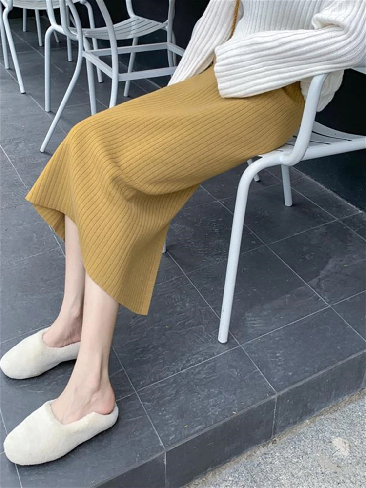 

2022 Autumn Winter Knitting Skirt High Waist Long Pencil Skirt Women Knitted Casual Vintage Maxi Skirt Vintage Warm Thick Midi